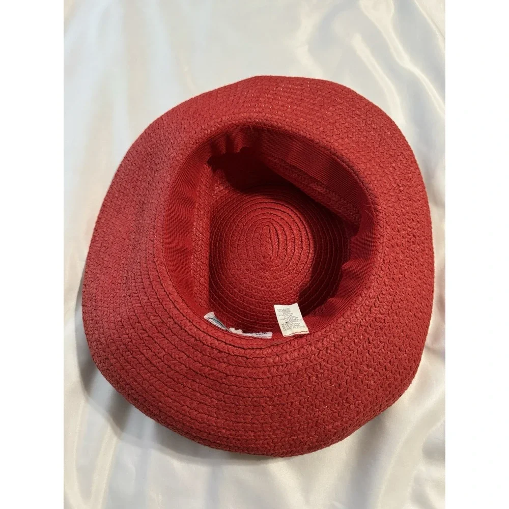 BETMAR NEW YORK Floppy Sun Hat Women's Red Paper Straw Wide Brim Beach LOGO‎